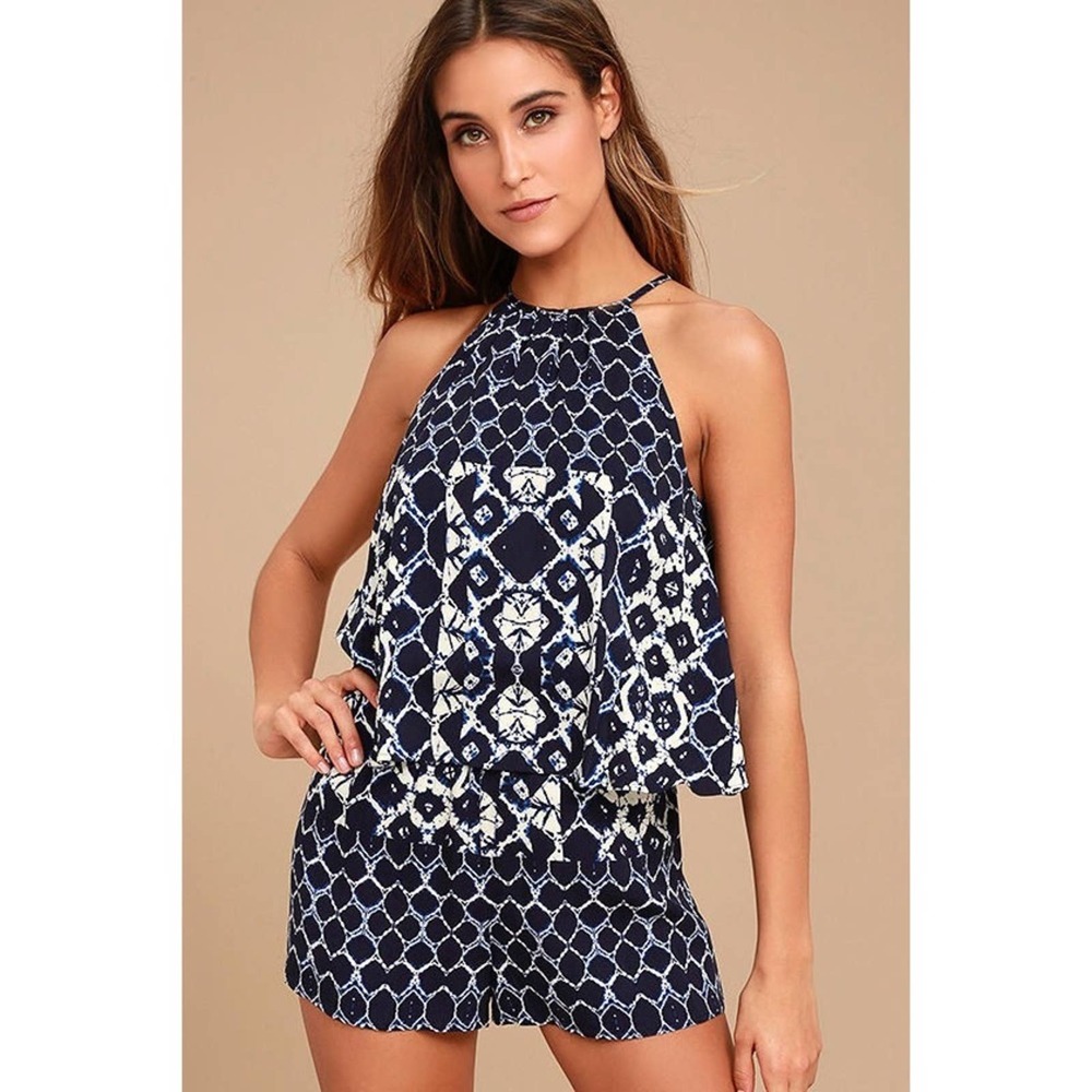 BB Dakota Navy and White Printed Halter Romper